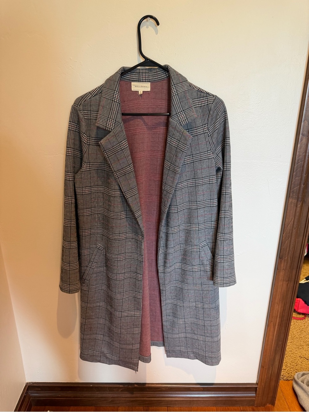 MELLODAY Gray Plaid Trench Coat with Pink Lining